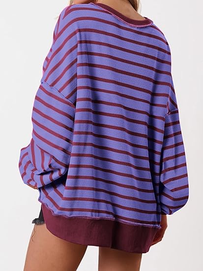 Womens Fall 2025 Striped Oversized Sweatshirt Long Sleeve Button Up Henley Neck Waffle Knit Pullover Tunic Tops