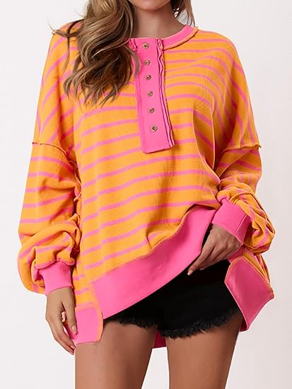 Womens Fall 2025 Striped Oversized Sweatshirt Long Sleeve Button Up Henley Neck Waffle Knit Pullover Tunic Tops