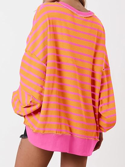 Womens Fall 2025 Striped Oversized Sweatshirt Long Sleeve Button Up Henley Neck Waffle Knit Pullover Tunic Tops