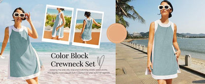 Two Piece Sets Color Block Crewneck Sleeveless Pullover Tops Matching Shorts With Pockets